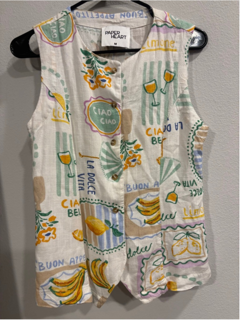 Paper Heart La Dolce Vita Edan Linen Vest Top Fruit Print Med Summer M - Picture 3 of 7